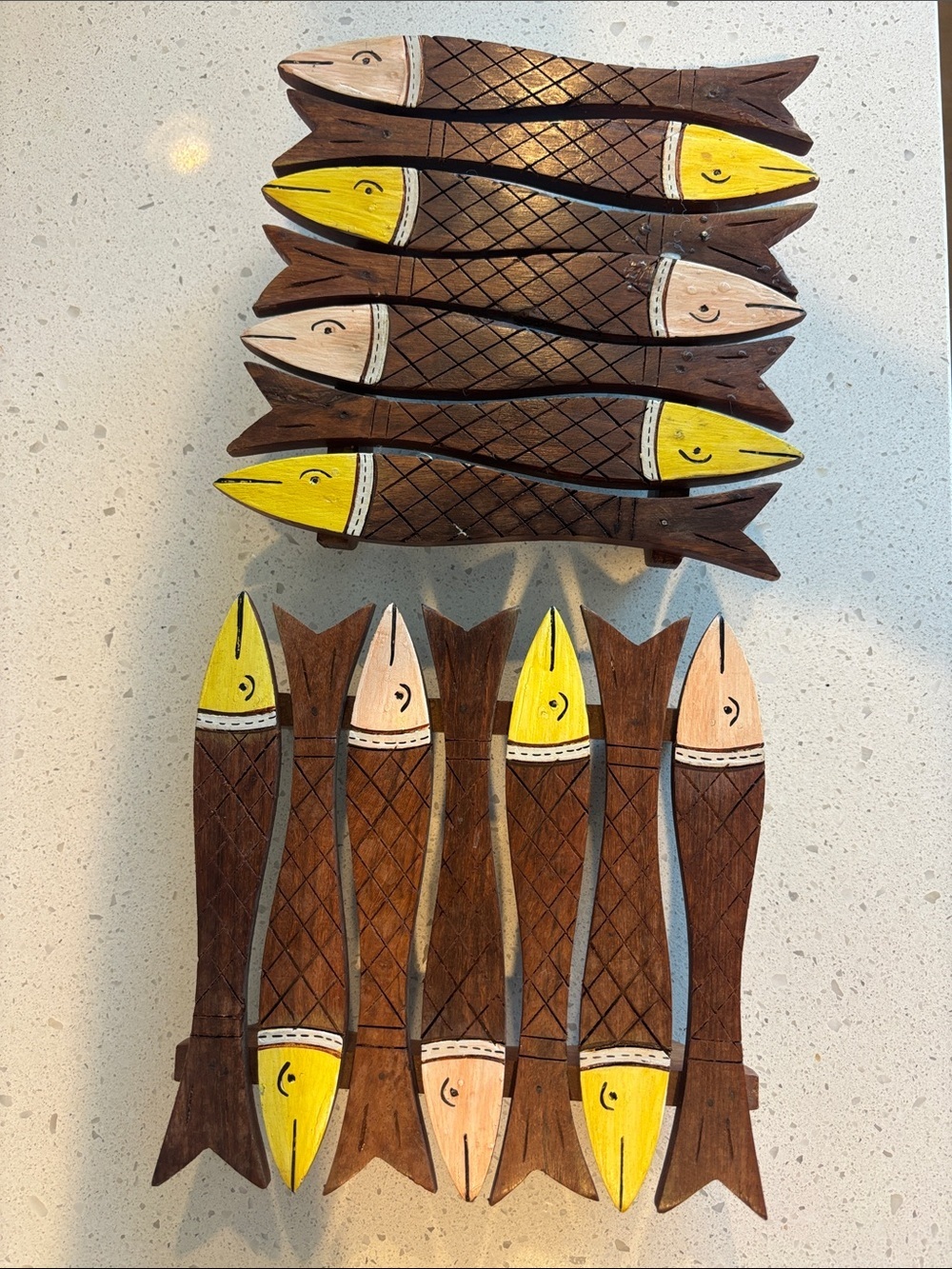 Handcrafted Wooden Fish Wall Accent or Trivots - Brown with Yellow & Pink Heads - Picture 1 of 5